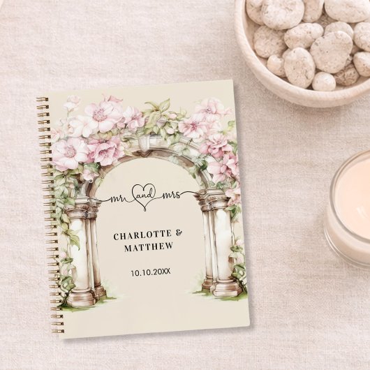 ゲストブック結婚のmr mrsハートピンク花模様アーチ ノートブック