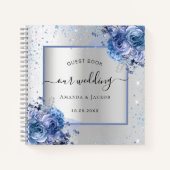 ゲストブック結婚ズシルバーネイビーブルー花模様 ノートブック (正面)