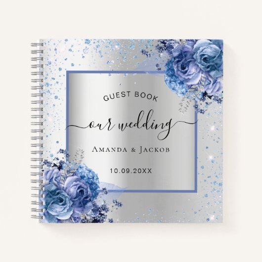ゲストブック結婚ズシルバーネイビーブルー花模様 ノートブック (正面)