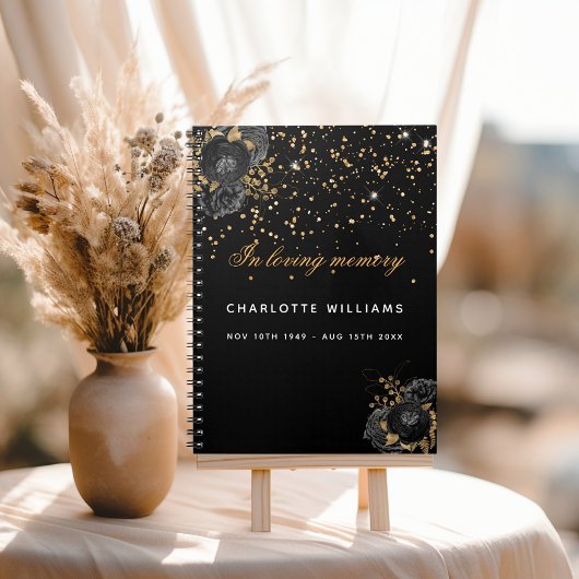 ゲストブック記念葬儀ブラック金ゴールドフローラ ノートブック