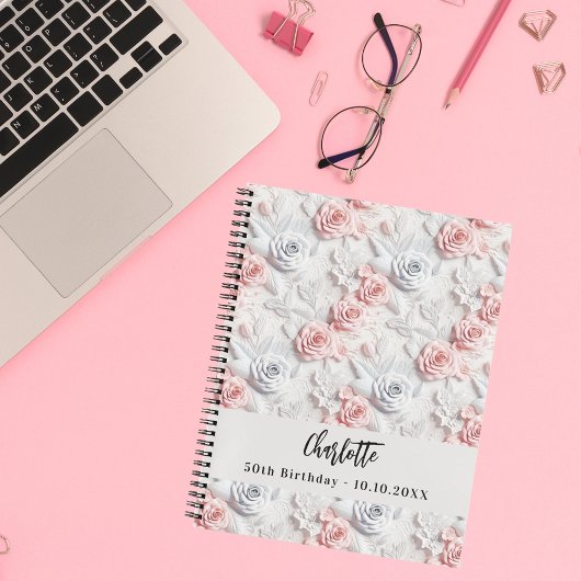 ゲストブック誕生日の花ピンクの白の名前 ノートブック