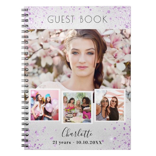 ゲストブック誕生日シルバーバイオレット写真コラージュ ノートブック (正面)