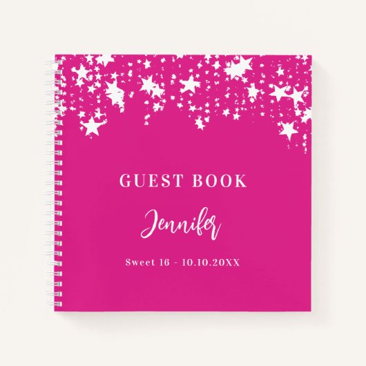 ゲストブック誕生日ピンクの白い星ガール ノートブック (正面)