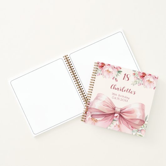 ゲストブック誕生日ピンクボウクリーム花模様 ノートブック (内部)