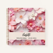 ゲストブック誕生日ピンク白花模様名 ノートブック (正面)