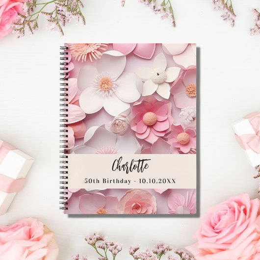 ゲストブック誕生日ピンク白花模様名 ノートブック