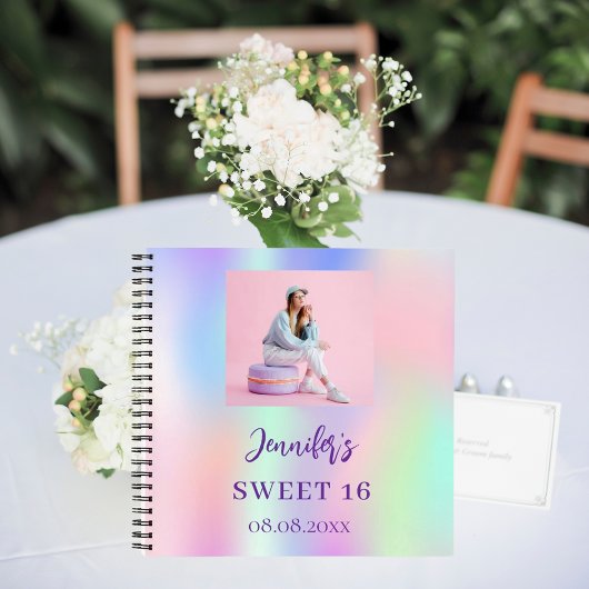 ゲストブック誕生日ピンク紫の写真ホログラフィック ノートブック