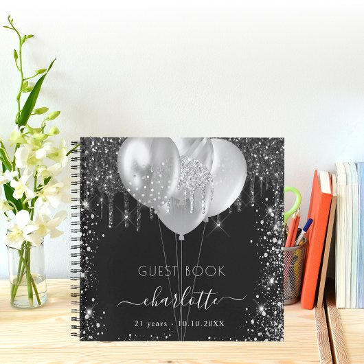 ゲストブック誕生日ブラックシルバーグリッター名 ノートブック