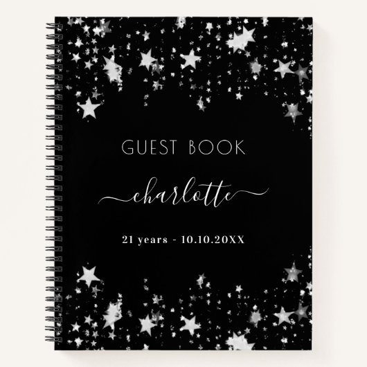 ゲストブック誕生日ブラックシルバー星名 ノートブック (正面)