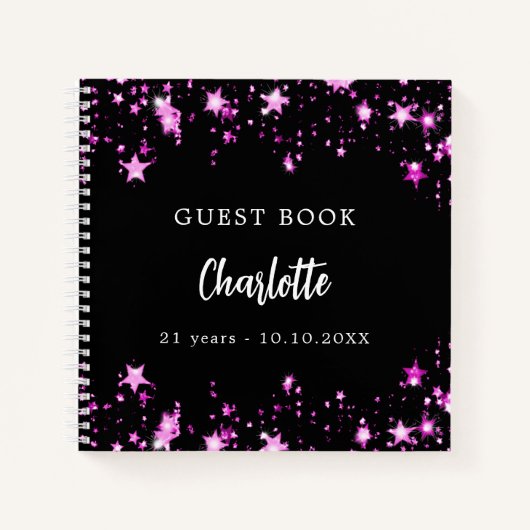 ゲストブック誕生日ブラックピンクスター名 ノートブック (正面)