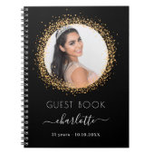 ゲストブック誕生日ブラック金ゴールドグリッター写真 ノートブック (正面)
