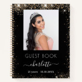 ゲストブック誕生日ブラック金ゴールドグリッター写真 ノートブック (正面)