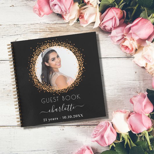 ゲストブック誕生日ブラック金ゴールドグリッター写真 ノートブック