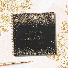ゲストブック誕生日ブラック金ゴールドグリッター名スクリプト ノートブック