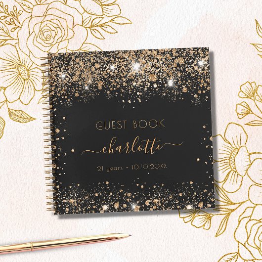 ゲストブック誕生日ブラック金ゴールドグリッター名スクリプト ノートブック