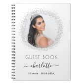 ゲストブック誕生日ホワイトシルバーグリッター写真 ノートブック (正面)