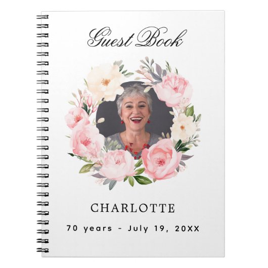 ゲストブック誕生日ホワイトフォト花模様予算 ノートブック (正面)
