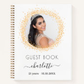 ゲストブック誕生日ホワイト金ゴールドグリッター写真 ノートブック (正面)