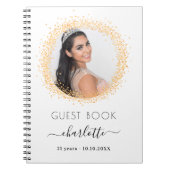ゲストブック誕生日ホワイト金ゴールドグリッター写真 ノートブック (正面)