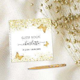 ゲストブック誕生日ホワイト金ゴールド蝶グリッター ノートブック