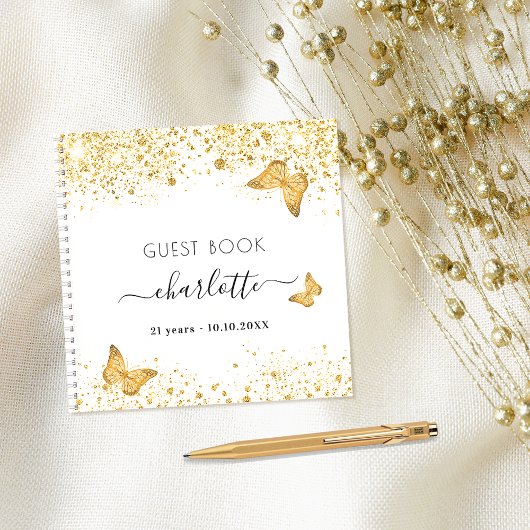 ゲストブック誕生日ホワイト金ゴールド蝶グリッター ノートブック