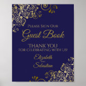 ゲストブック金ゴールドネイビーブルーのサインを結婚下さい ポスター (正面)