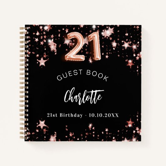 ゲストブック21th誕生日ブラックバラ金ゴールドスター ノートブック (正面)