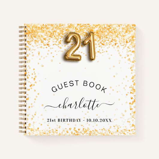 ゲストブック21th誕生日ホワイト金ゴールドグリッター ノートブック (正面)