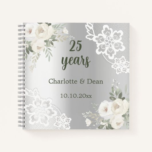 ゲストブック25結婚周年記念シルバー花模様 ノートブック (正面)