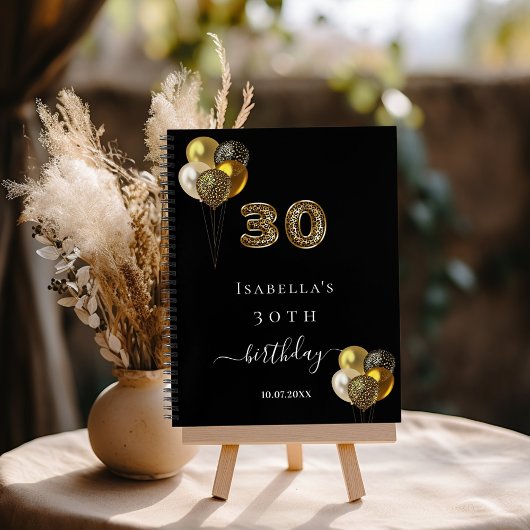 ゲストブック30th誕生日ブラック金ゴールドヒョウ印刷 ノートブック