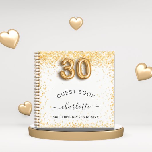ゲストブック30th誕生日ホワイト金ゴールドグリッター ノートブック