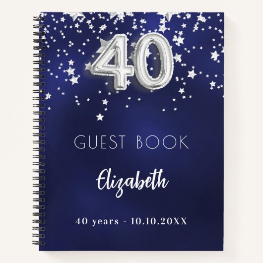 ゲストブック40th誕生日ネイビーブルーシルバーの星 ノートブック (正面)