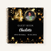 ゲストブック40th誕生日ブラック金ゴールド星写真 ノートブック (正面)
