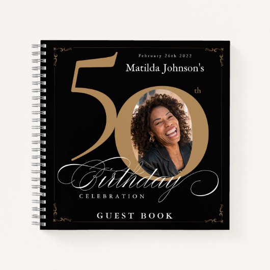ゲストブック50誕生日ブラック金ゴールド書道 ノートブック (正面)