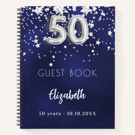 ゲストブック50th誕生日ネイビーブルーシルバーの星 ノートブック (正面)