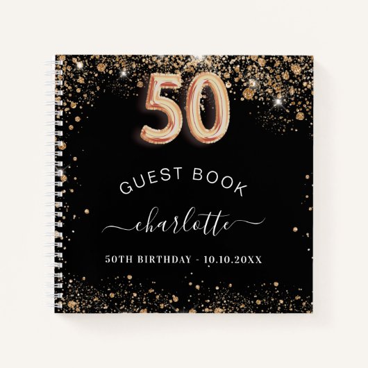 ゲストブック50th誕生日ブラック金ゴールドグリッター名 ノートブック (正面)
