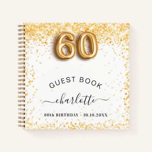 ゲストブック60th誕生日ホワイト金ゴールドグリッター ノートブック (正面)