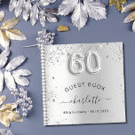 ゲストブック60th birthday silverグリッター名glam ノートブック<br><div class="desc">華やかな誕生日フェミニンパーティーのゲストブック。銀スタイリッシュ色の背景フェイクにフェイクグリッター、キラキラ。名前と文字の追加年齢番号はバ書ロンスタイルフォントで。</div>