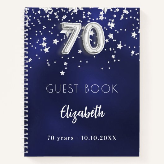 ゲストブック70th誕生日ネイビーブルーシルバーの星 ノートブック (正面)
