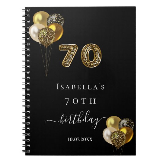ゲストブック70th誕生日ブラック金ゴールドヒョウ動物 ノートブック (正面)