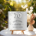 ゲストブック70th birthday silverグリッター名glam ノートブック<br><div class="desc">華やかな誕生日フェミニンパーティーのゲストブック。銀スタイリッシュ色の背景フェイクにフェイクグリッター、キラキラ。名前と文字の追加年齢番号はバ書ロンスタイルフォントで。</div>