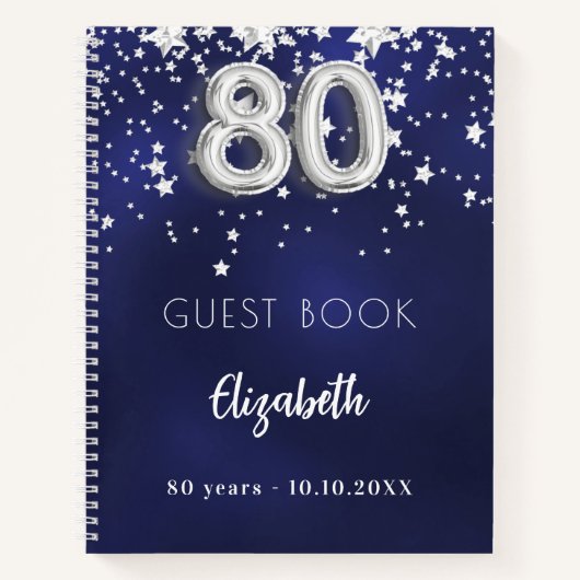 ゲストブック80th誕生日ネイビーブルーシルバーの星 ノートブック (正面)
