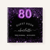 ゲストブック80th誕生日ブラックパープルグリッター名 ノートブック (正面)