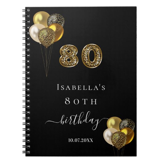 ゲストブック80th誕生日ブラック金ゴールドヒョウ動物 ノートブック (正面)