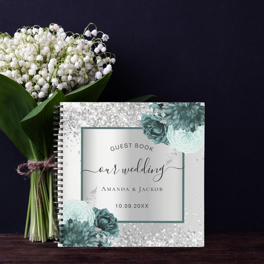 ゲストブック ウェディング シルバー 緑 花 ノートブック