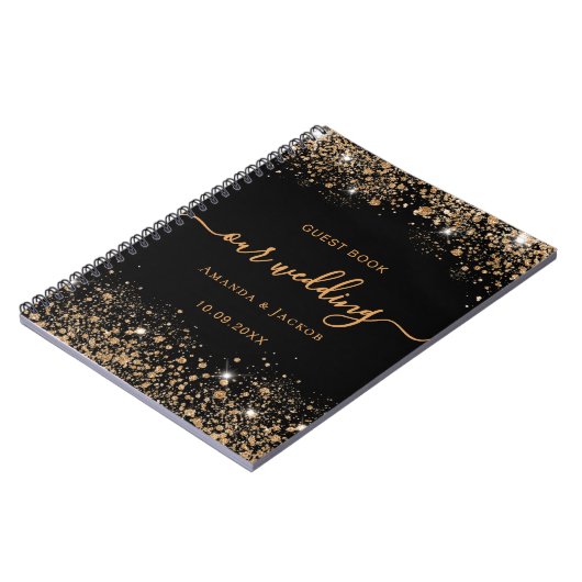 ゲストブック ウェディング ブラック ゴールド グリッター 予算 ノートブック (左側)