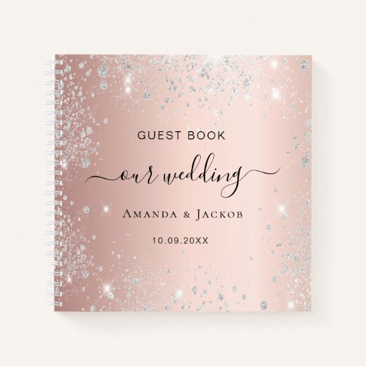 ゲストブック ウェディング ローズゴールド シルバー グリッター ブラッシュ ノートブック (正面)