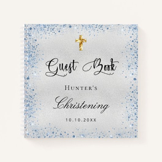 ゲストブック《キリスト教》洗礼式や命名式シルバーブルーボーイ名 ノートブック (正面)