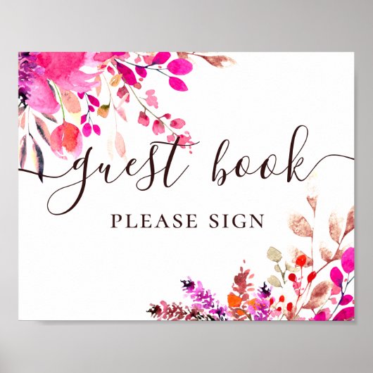 ゲストブック.水彩ピンクフローラ結婚スクリプト ポスター (正面)