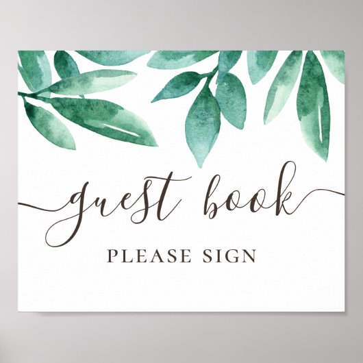 ゲストブック。水彩画のグリーンと森林のウェディング ポスター (正面)